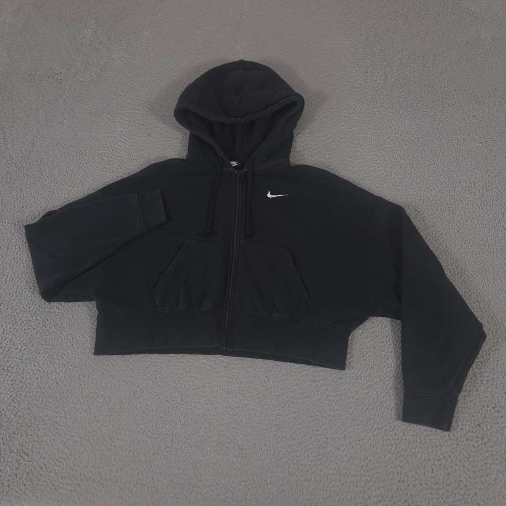 Nike Hoodie Womens Small Black Sportswear Full-Zip Fleece Cropped Swoosh Logo